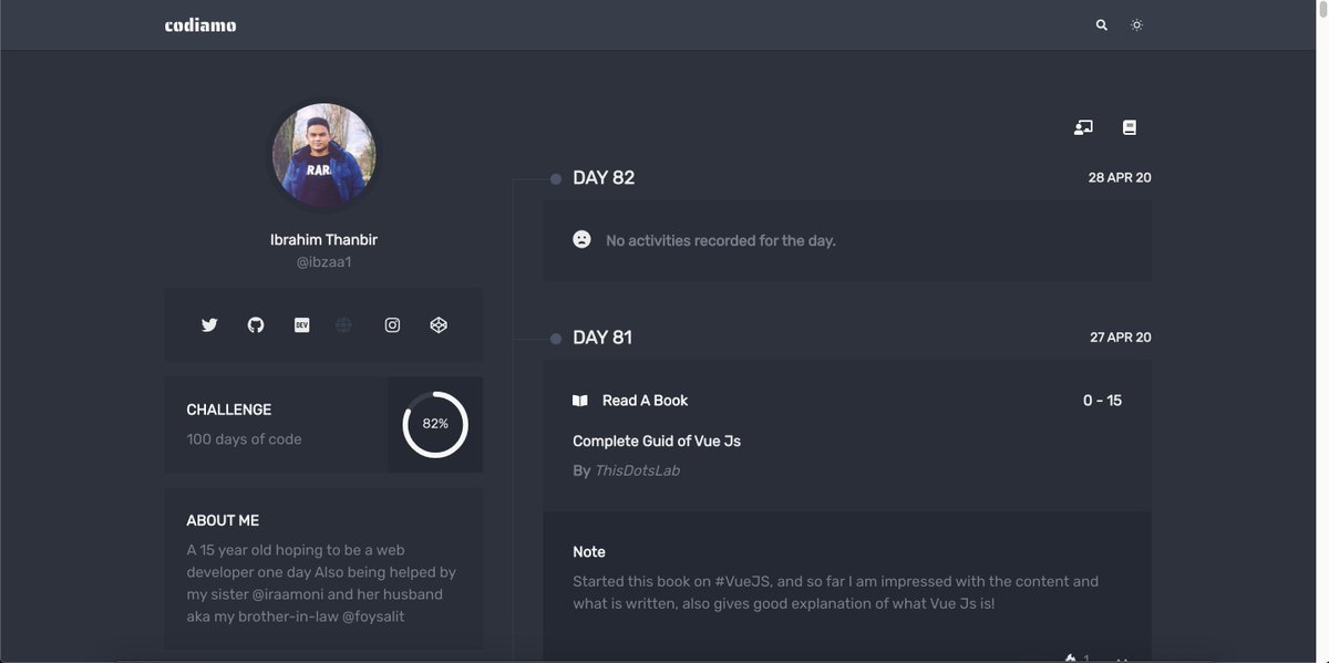 CodiamoToday's tweet photo. The dark mode of Codiamo! 

Register now to keep a track of your daily coding activities!
site: https://t.co/rk8dhbFB8v
App: https://t.co/2xvb9FdTw0 
Example profile: https://t.co/oyD8fXHy6P

#CodeNewbie #100DaysOfCode #HTML #CSS #javascript #Developer #programmer #journal https://t.co/P1cm18ABER