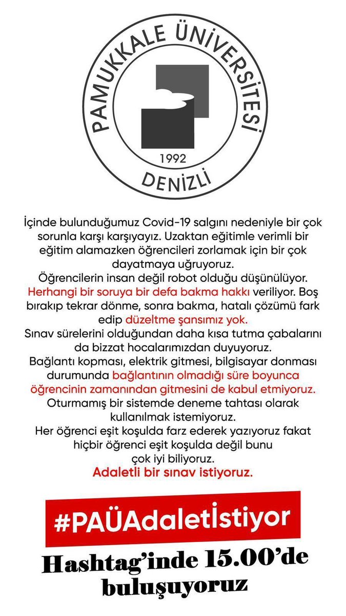 gopiliz's tweet photo. Bazı canlı derslerde görüntü bile yokken,sorduğumuz sorulara yanıt bile alamazken yani mevcut şartlarla eksik olarak verilen eğitimin sınavları öğrenciye yardım etmek yerine sisteme yardım etmeye devam ediyor.Sınav süreleri kısalıyor üstüne de şartlar koşuluyor.#PAÜAdaletistiyor https://t.co/xUzjCefUN8