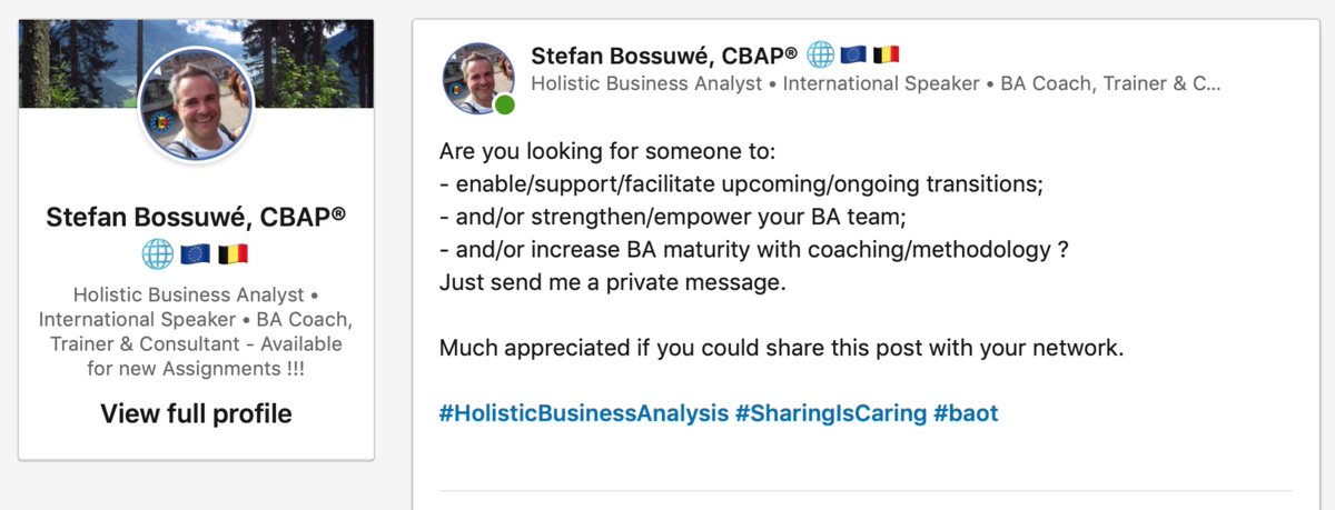 I'm all set and ready to start a new challenge.
Will it be in your organisation ?

#HolisticBusinessAnalysis #SharingIsCaring #baot