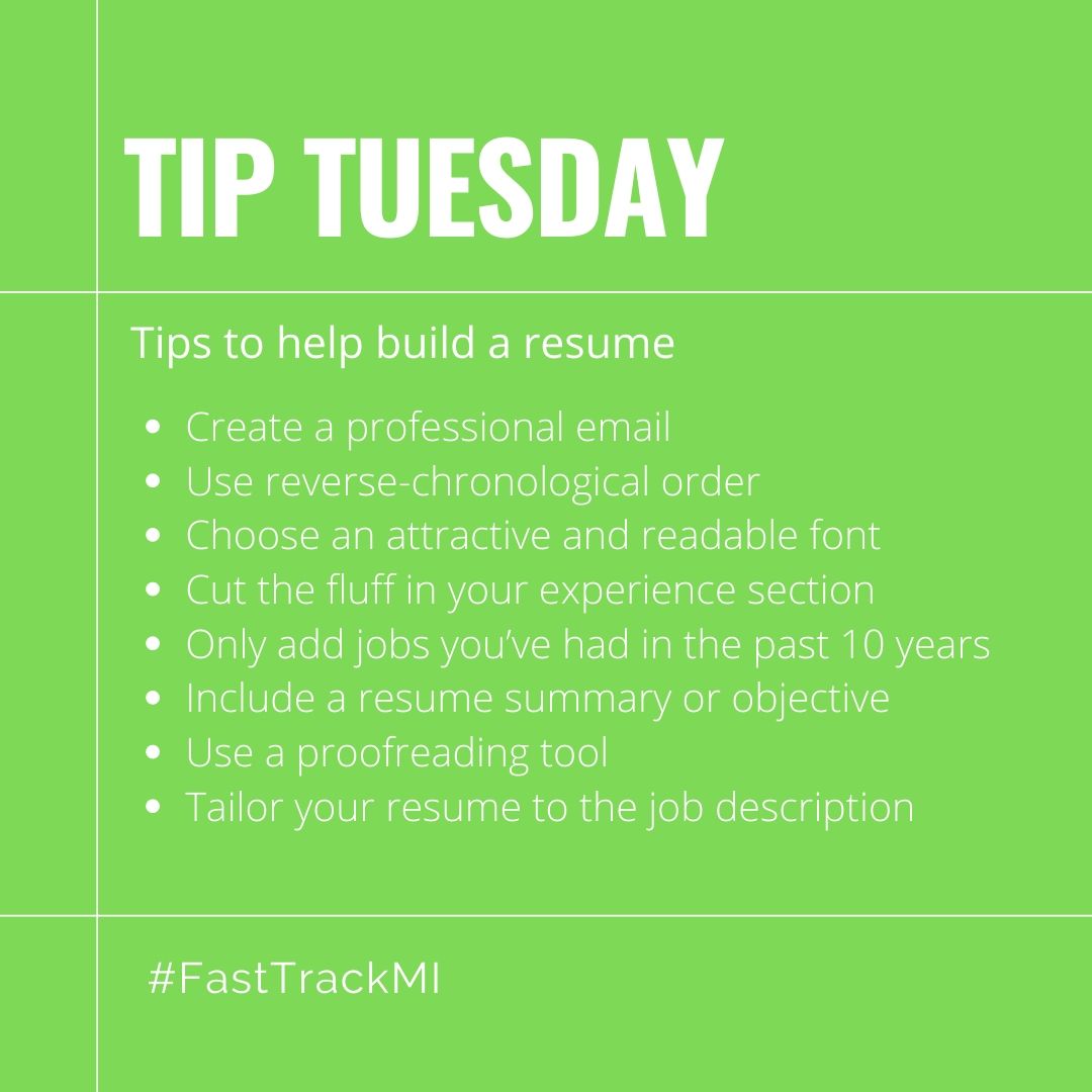 FastTrackMich's tweet photo. Tip Tuesday!
Tips to help build a resume.
#fasttrackmi #growwithus #TipTuesday #resumes #staffing #jobs https://t.co/VaSVd4Hf1m