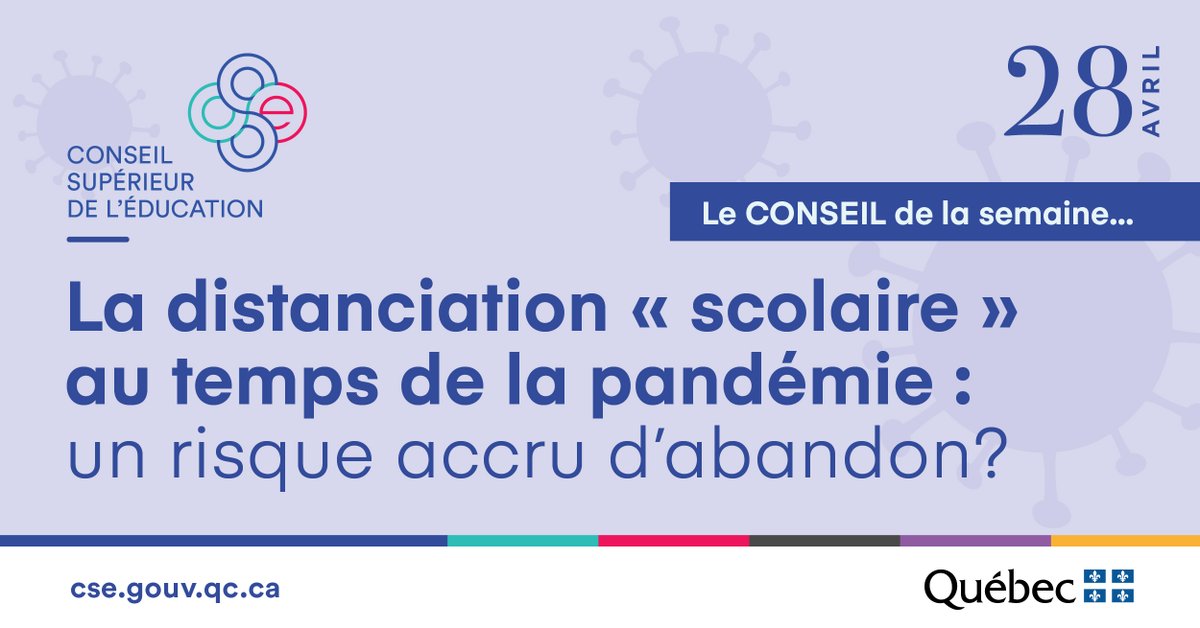 Dans les mesures mises en place pour réduire la propagation de la COVID-19, la décision de repousser la réouverture des écoles secondaires en septembre soulève plusieurs inquiétudes quant au risque d’abandon et d’échec scolaires. #Conseildelasemaine #cse 

cse.gouv.qc.ca/distanciation-…