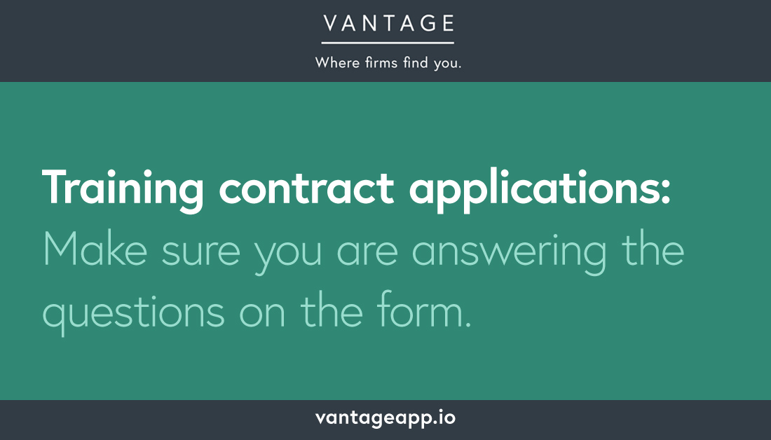 vantage_app's tweet photo. TOP TIPS TUESDAY! With training contract applications closely shortly for a number of our partner firms, we wanted to share some of our top tips. Firstly, make sure you are answering the question on the form - not what you think it says or what you want to write! #vantage_app https://t.co/al6pVtT3Ic