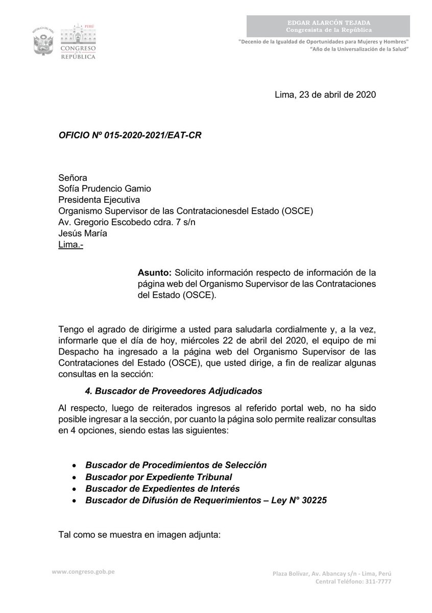 EdgarAlarconT's tweet image. Bastante grave que web de @OSCEPeru no permita realizar búsquedas sobre proveedores adjudicados, más aún cuando en plena Emergencia Sanitaria, la normativa avala contrataciones directas. Insto a ministra @ToniAlvaL corregir inmediatamente falta de transparencia en adjudicaciones.
