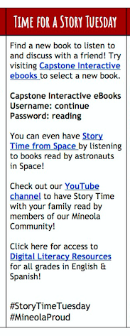MsTrojanowski's tweet photo. Morning @MineolaMS its #StoryTimeTuesday in #DistanceLiteracy Week! Share a story with a friend, family member or even listen to an astronaut narrate a story from space! 📚

Check out this google doc with clickable links to the resources listed below: 
https://t.co/dYgxq7fxIw https://t.co/OvXx1RdIYJ