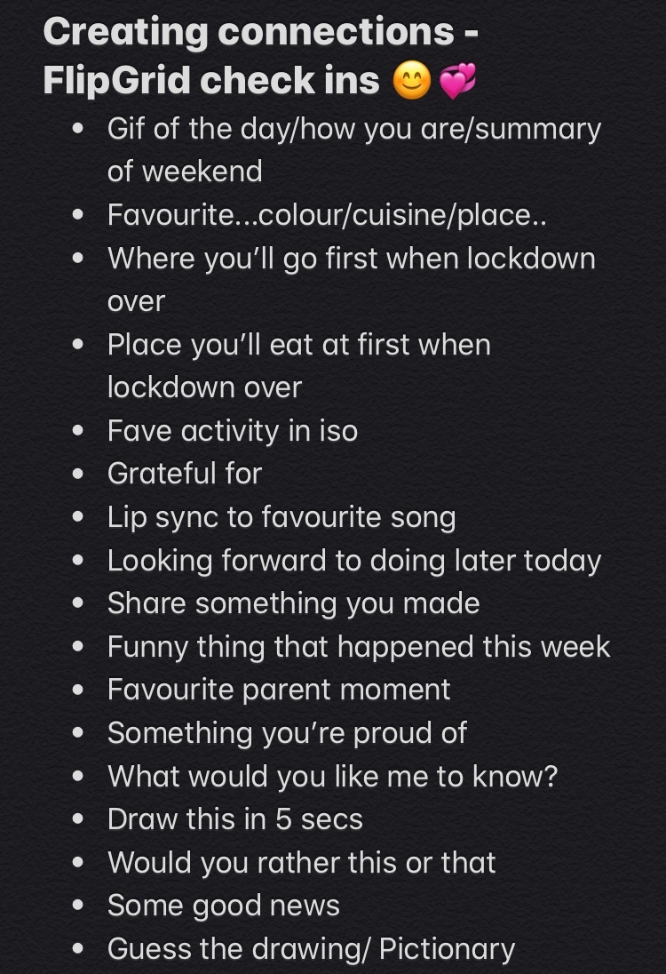 BuLisaBisa's tweet photo. What I miss most is connecting with Ss face to face. Thank goshes for @Flipgrid 🙏🏼😍 Using these prompts for daily check ins. Every student is seen, heard &amp; connecting with each other too! 🙌🏼💞 Any more ideas? Going to run out soon!🙈 #remotelearning #edutwitter #aussieED #edtech https://t.co/o9vMYuhCSR