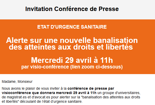 VoxPublic_'s tweet photo. A l'attn des journalistes. #etaturgencesanitaire #covid19 - Pour suivre cette conférence de presse que donneront des universitaires, avocats, syndicats et associations : ce sera sur twitter en direct @VoxPublic_ ou par zoom (demander lien en MD sur ce compte ou @erikacampelo1 ) https://t.co/lOtYgcuXNX