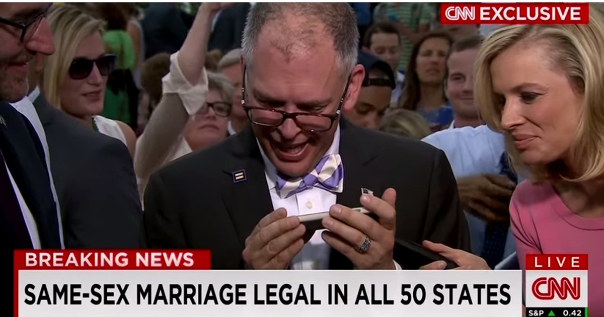 Photo of CNN Breaking News rolling text "Marriage Legal In All 50 States" and Obergefell in the forefront