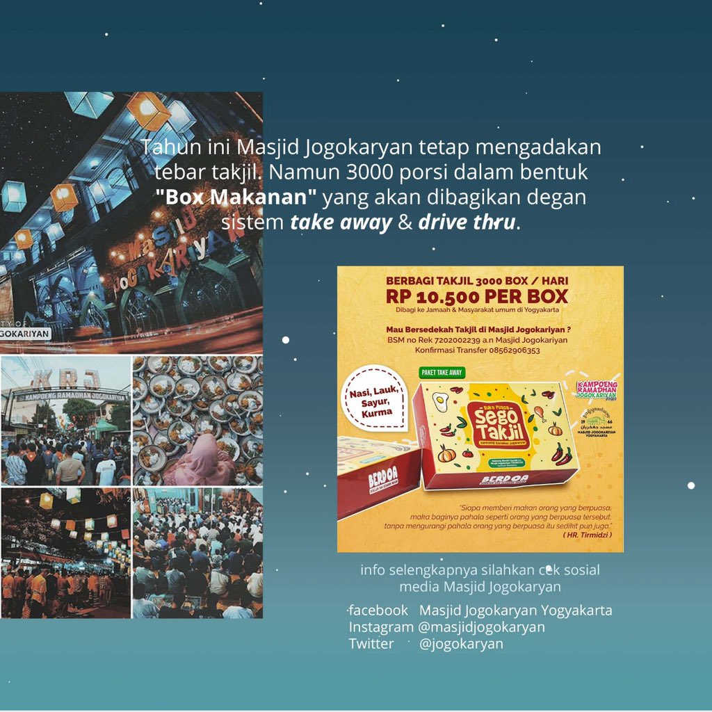 BAFESpace's tweet photo. Ya, karena sejak pandemi covid 19 ini meluas, beberapa kebiasaan yang melengkapi bulan puasa seperti bukber, tarawih berjamaah juga harus ditiadakan dulu. Tapi jangan lupa untuk sedekah yaa, bisa banget loh ikutan bersedekah lewat masji-masjid di sekitar kita. Selamat berpuasa!! https://t.co/Ca2yIPLRl7