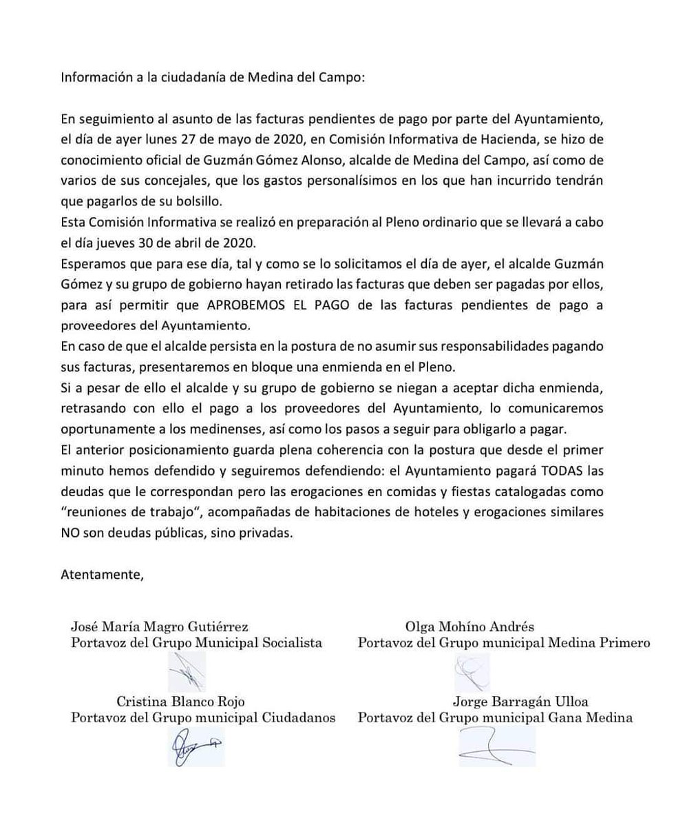 No querer aclarar con quién nos vamos de comida y reservamos una habitación de hotel, eso es gastar el dinero de forma opaca. El Sr Guzmán Gómez sigue consiguiendo unir a la oposición para proteger el dinero público de sus gastos injustificables #MedinadelCampo #Medinaenpositivo