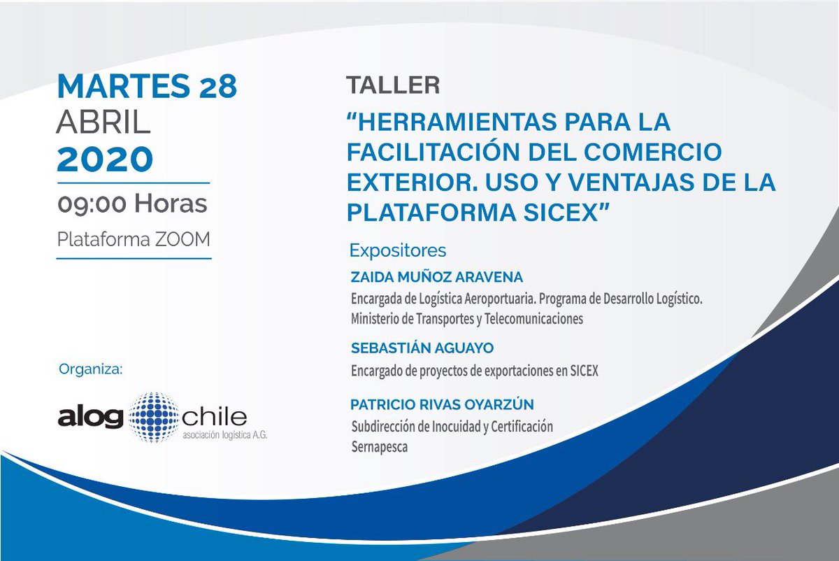 ¡Atención Embarcadores y Exportadores! <a href="/SICEX_CHILE/">SICEX Chile</a> y <a href="/alogchile/">ALOG Chile</a> les invita a ser parte del Taller Virtual "Herramientas para la Facilitación del Comercio Exterior".Ingresa a la cita virtual aquí: lnkd.in/deSWvY2 ¡Estás a sólo un clic!  
#supplychain #COVIDー19