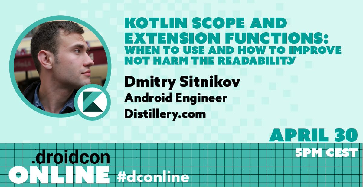 droidcon's tweet image. #dconline #AdvancedKotlin Part 1 on April 30th: @fo2rist gives practical #guidelines on when to and when to not use scope functions and extension functions to keep the #code readable and avoid subtle #errors. See the full schedule and register for free at online.droidcon.com/advanced-kotli…