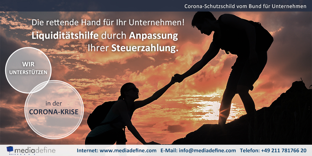 Liquiditätshilfe durch Anpassung von Steuerzahlungen

Die negativen wirtschaftlichen Folgen der Corona-Krise können durch Anpassung der Steuerzahlungen abgemildert werden.
Wir begleiten Unternehmen dabei als Sparring-Partner.

Mehr unter: mediadefine.com/page,unternehm…