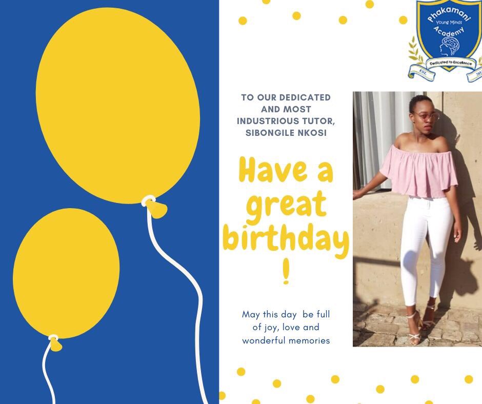 pyma_SA's tweet photo. Happy birthday to our dedicated and most industrious Tutor (Sibongile Nkosi). May your day be cheerful, full of joy, love and wonderful memories. @mthandazokdi @BokangBeeKelly @dladla_xolisile @KhotsoRamushu @ntoki_ntoki
#pyma2020
#happybirthday
#sbosh https://t.co/Y1aTfJITbJ
