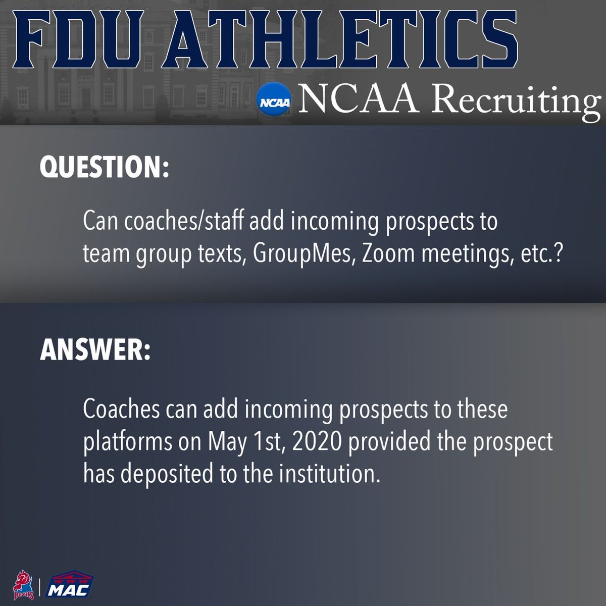 Compliance #TipTuesday Q&amp;A with Coach <a href="/KGiotta/">Kristin Giotta</a> 😈

Any questions regarding NCAA compliance information please send an email to kristin_spohn@fdu.edu 📤

📸: <a href="/katy_fissel/">Fizz</a> 
#HeatsRising🔥 | #HornsUp🤘
