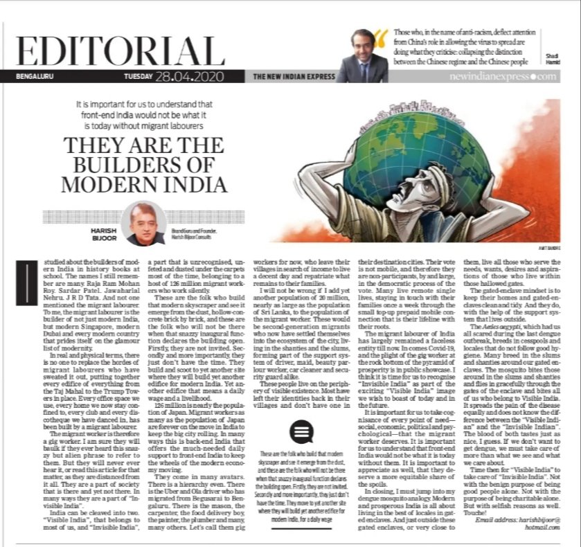 harishbijoor's tweet photo. iWRITE:There are 2 Indias! #VisibleIndia & #InvisibleIndia! The #MigrantLabourer is part of Invisible India! 126million strong: https://t.co/URRFPtx3q1 #covid19 #India #MigrantLabour @NewIndianXpress https://t.co/HO4jVqa9xm