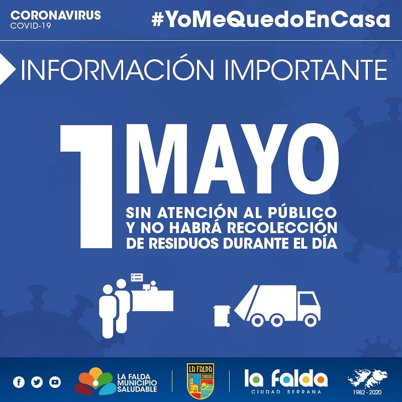 Con motivo de conmemorarse el Día del Trabajador, este viernes 01 de mayo la administración municipal permanecerá sin atención al público y no habrá recolección de residuos durante toda la jornada. 
Por ello, les solicitamos a los vecinos tomar las precauciones necesarias.