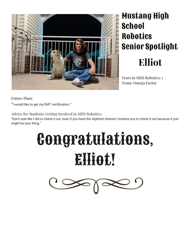Team3465's tweet photo. Senior Spotlight: Elliot
FRC team member: 1 year in FIRST robotics
@MustangSchools @MHS_Robotics18 @OklahomaFIRST @FIRSTweets
#MPSSTEM #broncopride #congratulations #goingpro https://t.co/tuFK2scsbt