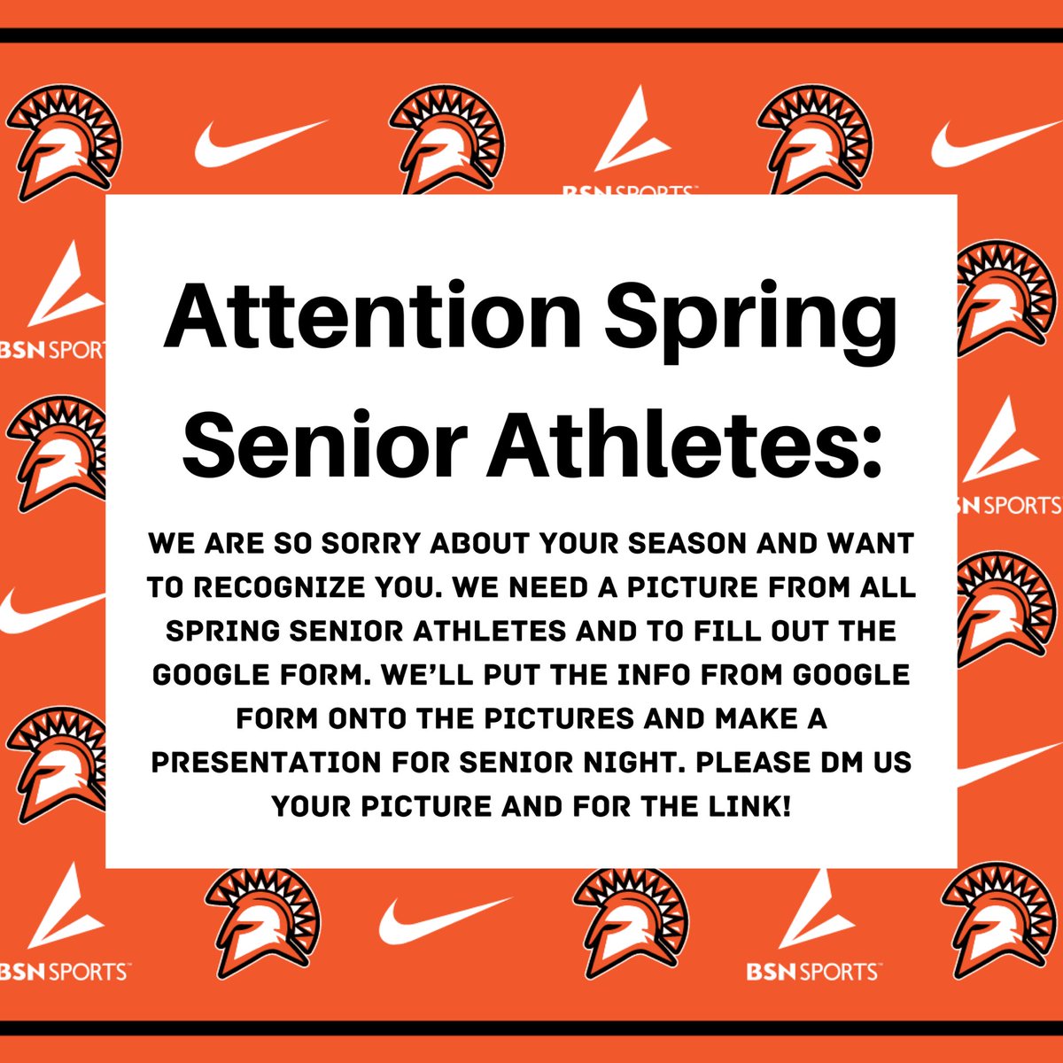 We are so sorry about your final season seniors and want to recognize you. Please message us for more information 🧡 #spartanstrong