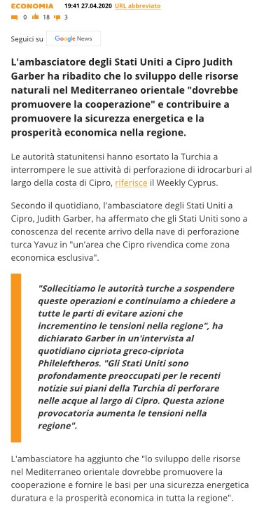 Le autorità statunitensi hanno esortato la Turchia a interrompere le sue attività di perforazione di idrocarburi al largo della costa di Cipro  https://it.sputniknews.com/economia/202004279018753-usa-denunciano-piani-della-turchia-per-esplorazione-petrolifera-al-largo-di-cipro/  #Mediterraneo  #orientale  #ZEE  #Italia  #Francia  #ENI  #Total