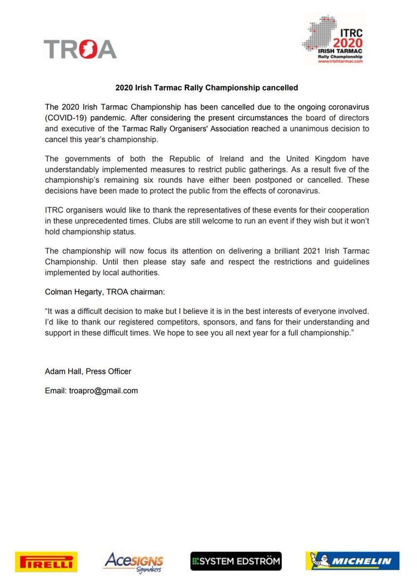 IrishTarmacTROA's tweet photo. TROA has made the difficult decision to cancel this year's Irish Tarmac Rally Championship.
ITRC organisers appreciate everyone's support and will now focus on delivering a brilliant championship in 2021. https://t.co/lDjumYG9mL