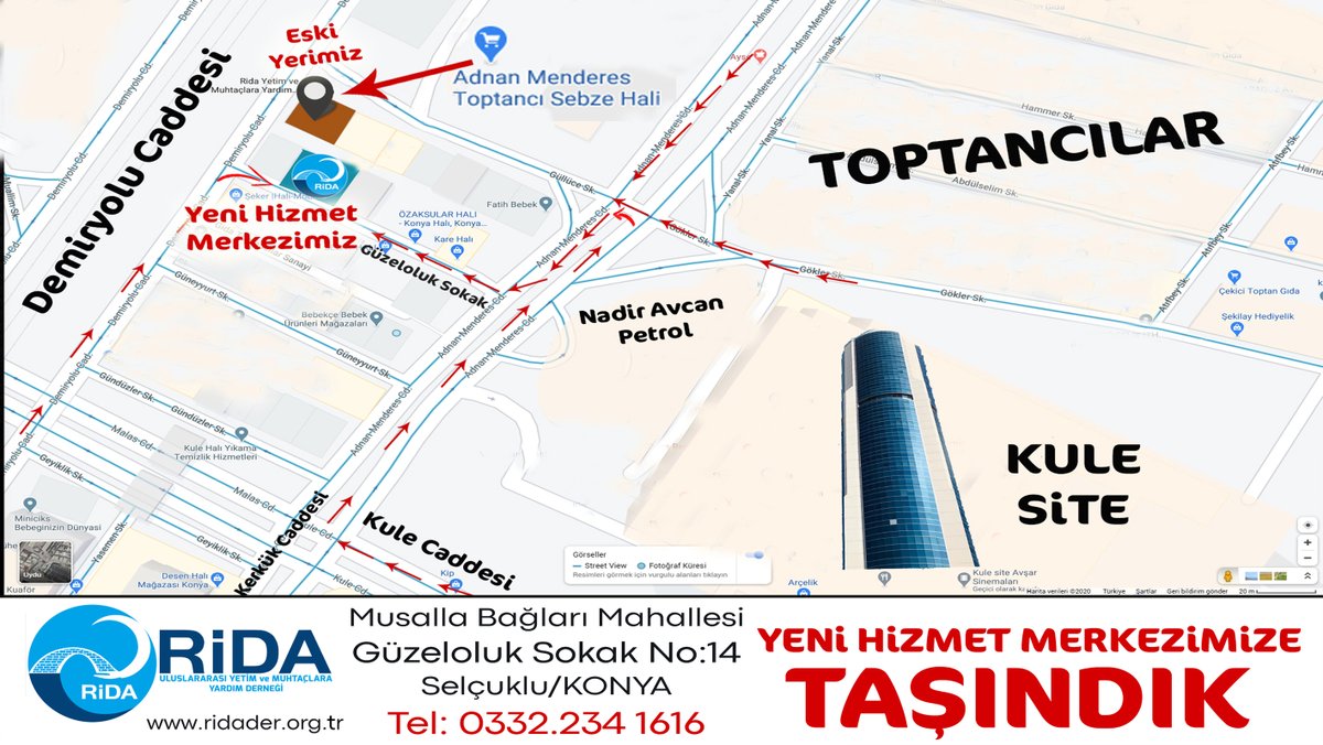 ridaderorg's tweet image. TAŞINDIK !
Size daha iyi hizmet verebilmek için Dernek Merkezi, Aşevi ve Gıda Hayır Marketinden oluşan Yeni Hizmet merkezimize bekliyoruz.
Adres: Musalla Bağları Mahallesi Güzeloluk Sokak No:14 Selçuklu/KONYA (Konya Kule Site civarı-Halıcılar sokağı İçi)
goo.gl/maps/wNy6TZ3oC…