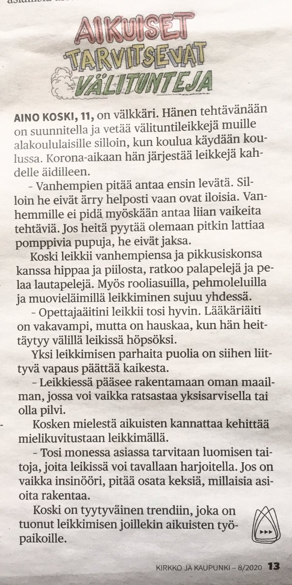 minnahuoti's tweet photo. Aikuiset tarvitsevat välituntia. Alan huippuosaaja, Aino Koski, 11 v, kertoo tässä vinkkejä siihen, miten aikuisia leikitetään. ”Ei pidä antaa liian vaikeita tehtäviä. Jos heitä pyytää olemaan pitkin lattiaa pomppivia pupuja, he eivät jaksa.” 💕 https://t.co/bu96sreDDG