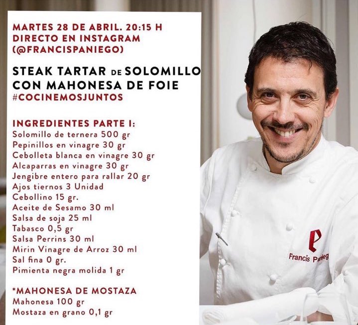 Hoy a las 20:15h lo pasaremos en grande en directo con @FrancisPaniego y su #receta de Steak Tartar de Solomillo con Mahonesa de Foie. ¡No os lo perdáis! 😉 #steaktartar #solomillo #cocinemosjuntos #cocinar #chef #cocinando