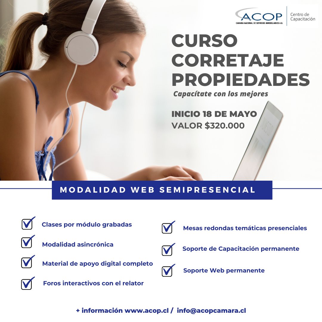 acopcamara's tweet photo. Comenzamos con las inscripciones al nuevo curso de Corretaje de Propiedades en modalidad Web Semipresencial.

Inscríbete ahora! contáctanos a info@acopcamara.cl

#acop  #cursos #cursosonline #corretajepropiedades #chile #corretaje #corredorespropiedades #corredordepropiedades https://t.co/FJJ34LAR0K