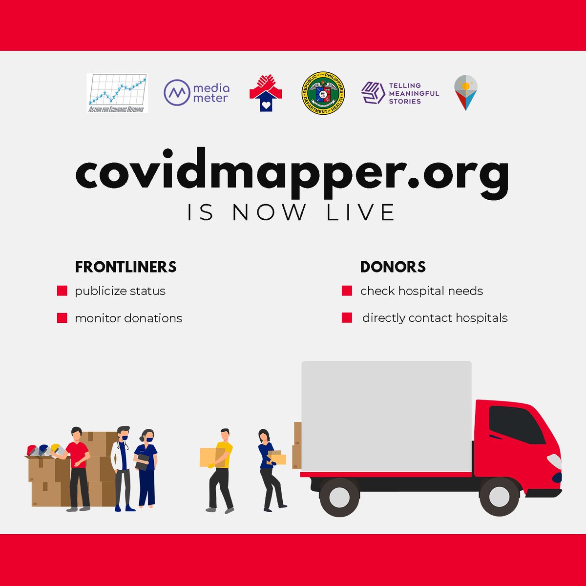 HospitalBayani's tweet photo. Together with our partners, we are proud to launch COVID Mapper, our online portal for facilitating donations to hospitals!

To publicize your hospital's needs or to donate to a facility, visit the website at https://t.co/lqP72D4vcz

#BangonPilipinas 🇵🇭
#HospitalBayanihan https://t.co/RqJ1YSoZEn