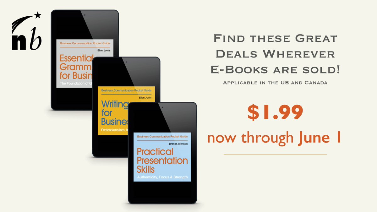 NBUSPublishing's tweet photo. Our trio of essential Business Communication Pocket Guides by @EllenJovin and @BrandtWJohnson are now on sale through June 1 in the US and Canada!

#businesscommunication #businessbooks #smartreads #pocketguides #grammar #grammartable #betterbusiness #presentationskills #writing https://t.co/hGUV56Zmz4