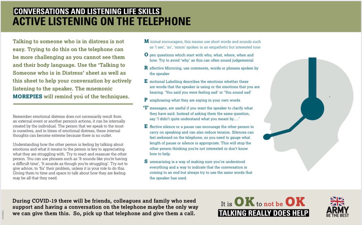 FdArmyComdSM's tweet photo. The amazing work from the OPSMART team continues. 4 infographs for all to use, based on Conversation and Listening Life Skills (CALLS). They take 2 mins to read but are packed with invaluable skills &amp; advice. @1UKDivision @3rdUKDivision @6thUKDivision @LWC_UK @16AirAssltBde https://t.co/jMMkxOapPA