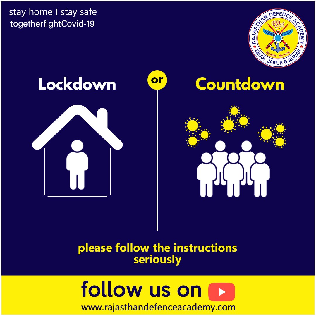 DefenceCollege's tweet photo. Kindly follow all the instructions of the government carefully, that's the only way to win the fight with COVID-19.
Prepare for NDA while staying at home: https://t.co/lreXRWsDlO
#RajasthanDefenceAcademy #FollowInstructions #FightCorona #OnlineClasses #YouTubeClasses https://t.co/ZG3VCyGHYY