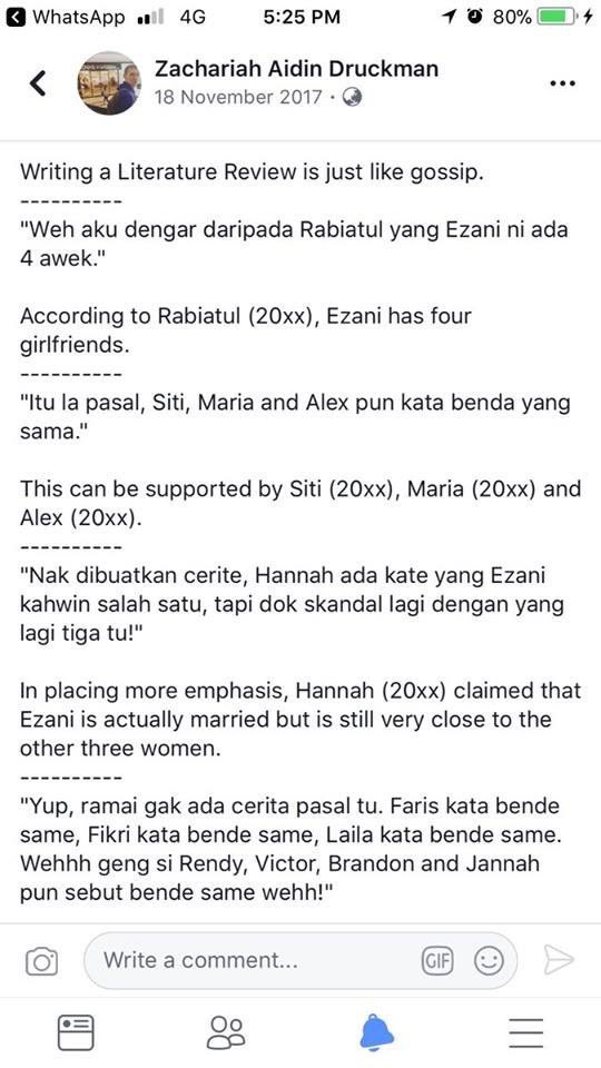aaizatnizam's tweet photo. LITERATURE REVIEW - antara part yang paling seksa nak buat time thesis fyp degree dulu. Tapi nampak Sir Zac ni buat macam senang je haha. Bak kata beliau "writing a literature review is just like gossip!". 😂😂😂 https://t.co/fGiEcL8gLM