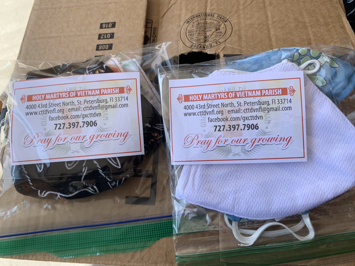 TeresaDOSP's tweet photo. Good News! Holy Martyrs of Vietnam Catholic Church, 4000 43rd Street N., St. Pete, is giving away more free face masks made by local parishioners.  Drive up on Wed, April 29 (9am-11am) or Sat, May 2 (9am-12noon). #coronavirus #unitedinChrist @DioStPete https://t.co/0MlLKLLTZh