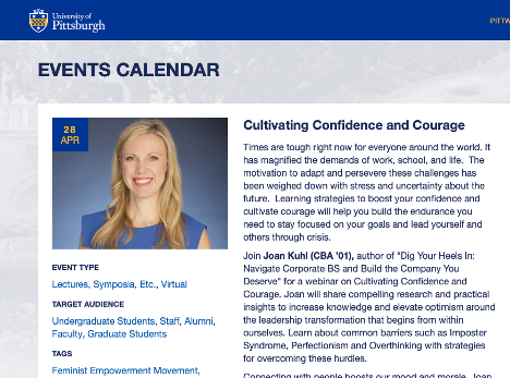 Live Webinar on Cultivating Confidence and Courage for <a href="/PittTweet/">University of Pittsburgh</a> students, alumni, staff, faculty, recent grads.  Sign up for the Noon EST PittWireLive event today at pitt.zoom.us/webinar/regist… #PittAlum #Leadership #Mentorship #VirtualWork #CareerAdvice #WFH #Pitt #PittGrad20