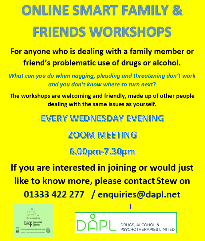 From the 6th May at 6pm DAPL will running the SMART Family &amp; Friends programme via ZOOM for those affected by a Loved Ones alcohol or drug use. Contact enquiries@dapl.net for more detail on how to join. <a href="/DAPLFife/">DAPL</a>