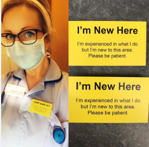 Staff are wearing "I'm New Here" badges in order to help patients understand that they have been redeployed from others areas to improve patients experience of care. #ExpOfCare #PatientExperience #HopeNetwork