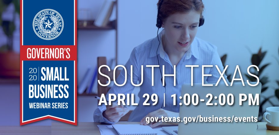 Tomorrow, Wednesday, 4/29, 1:00PM: 
<a href="/TexasEconDev/">Texas Economic Development</a> #SmallBusiness Webinar focused on #SouthTexas! Latest #Covid19 Recovery Resources to be discussed. #EconDev #RGV

Register at: bit.ly/2yE2Ci4