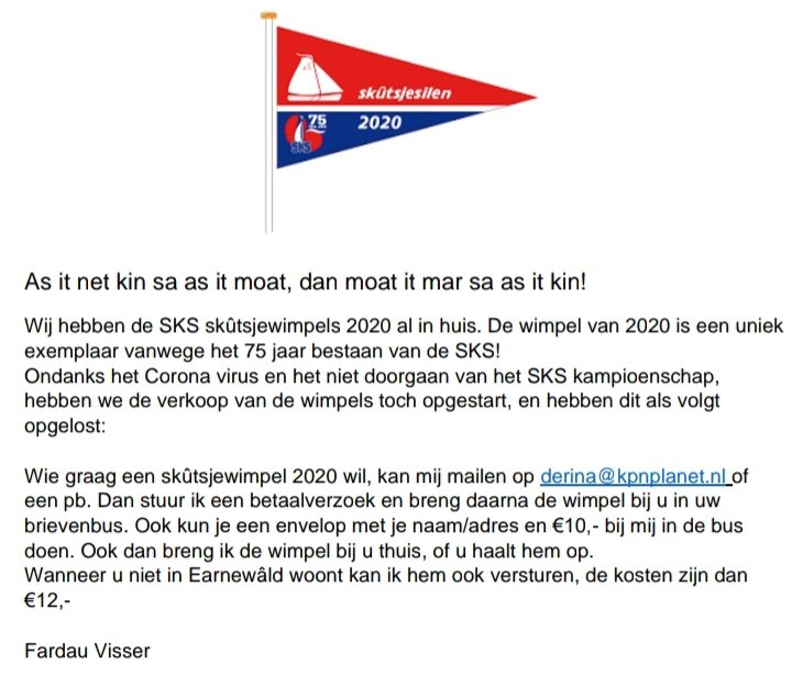 De SKS skûtsje wimpels van het uitzonderlijk jubileumjaar 2020. Te koop via derina@kpnplanet.nl