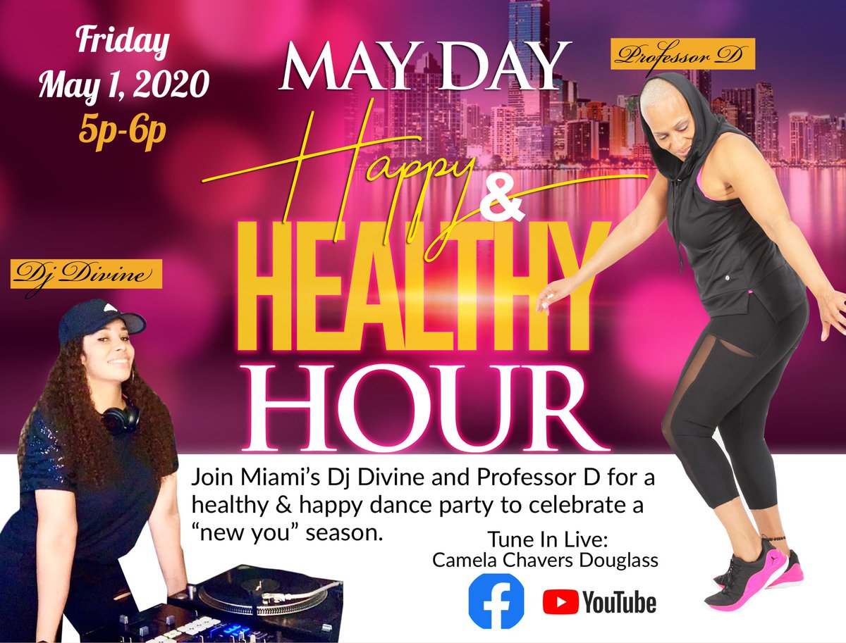 CamelaDouglass's tweet photo. Join me and @iamdjdivine for the dopest Happy Hour of the year! This Friday, we will be LIVE at FIVE to move and shake our way to health and wellness to the sounds of one of Miami’s premiere deejays! #homeparty #houseparty #professord #camelachaversdouglass #djdivine https://t.co/z9suHimS1Q