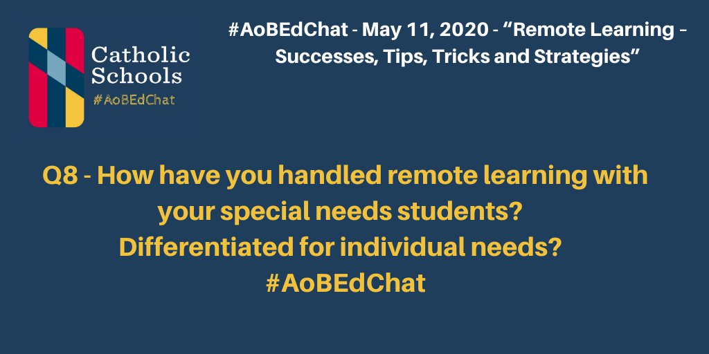 AOBedchat's tweet photo. Question 8:  How have you handled remote learning with your special needs students?  Differentiated for individual needs?  #AobEdChat https://t.co/1B3N0zoVLS