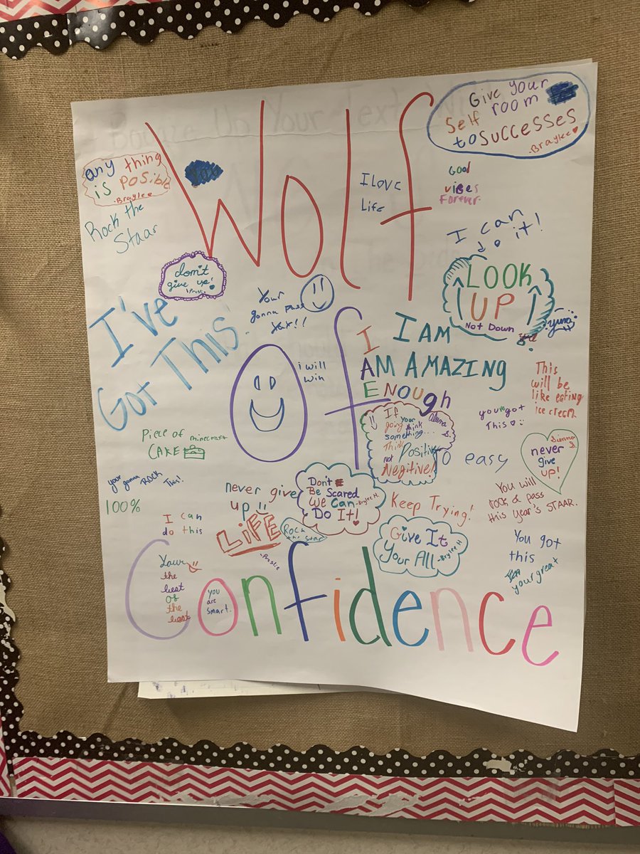 Katie_Adlong's tweet photo. I came up to the school to an empty classroom. The emptiness was almost unbearable. As I am preparing my room for summer, I saw a poster we made to prepare us for STAAR!  I had to share it with my kids!  Feed your wolf of confidence!    #CISDRocks @GreenwaysIntSch https://t.co/x1zooGbZGJ
