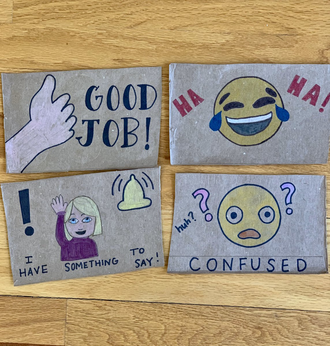 JerricoOlivera's tweet photo. Today’s activity is to design your own Zoom reactions cards. Made with scraps of upcycled cardboard, these cards allow you to express your thoughts and reactions even while on mute. Looking forward to seeing what my students come up with! https://t.co/m3Dhe9NhAY