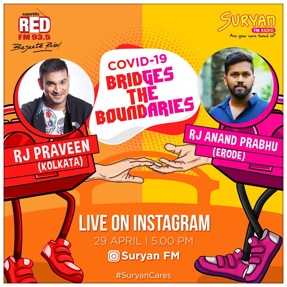 SuryanFM's tweet photo. Two RJโs bridges the boundaries ๐ฅ
Catch RJ Prabhu Live on Suryan FM Instagram page with RJ Praveen from @redfmkolkata , 29 April @ 5 PM ๐
.
#SuryanFM #SuryanFMLive #SuryanCares #RedFM #2languages #2RJs #FunLive #Live #FM #Radio #radioshow #Instagram #Instalive https://t.co/NvtSDXJaWr