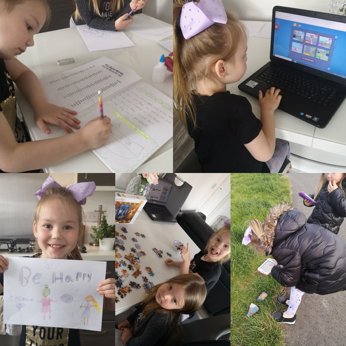 McallSteph's tweet photo. Productive day today! Started off with some literacy, sumdog and started reading Roy the singing zebra. 
S drew a picture for @Mrs_J_Anthony16. Finished off by doing a harry potter jigsaw and a walk to take photos of all the beautiful painted stones 😁 #greenrigglearningathome https://t.co/CNUqdSOk9L