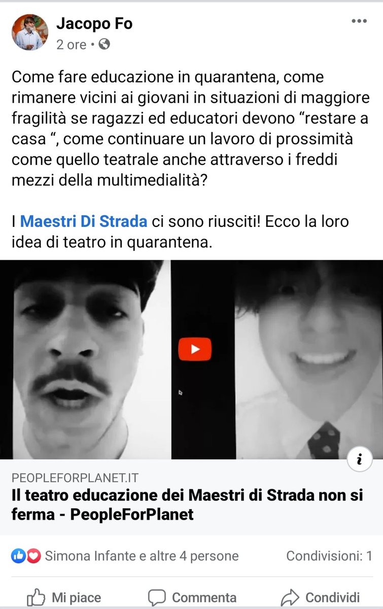 Grazie a <a href="/JacopoFo/">Jacopo Fo</a> che racconta di come stiamo continuando il laboratorio di #teatro con i nostri giovani incontrandoci e stando vicini in maniera virtuale. Anche per noi educatori è importante mantenere un contatto in questo momento difficile #quarantena
