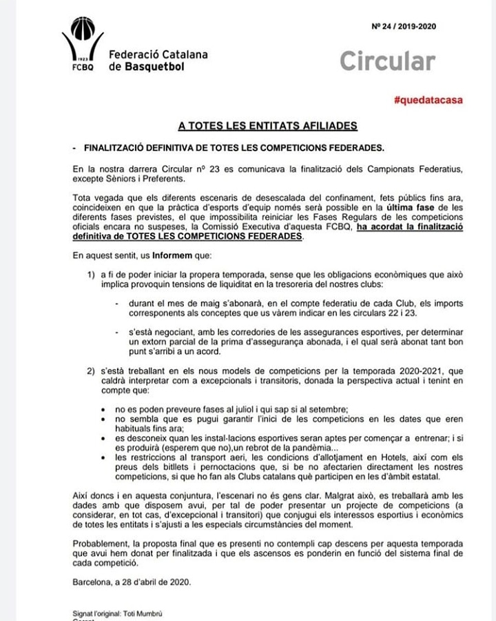 Comunicat de la Federació Catalana de Bàsquet