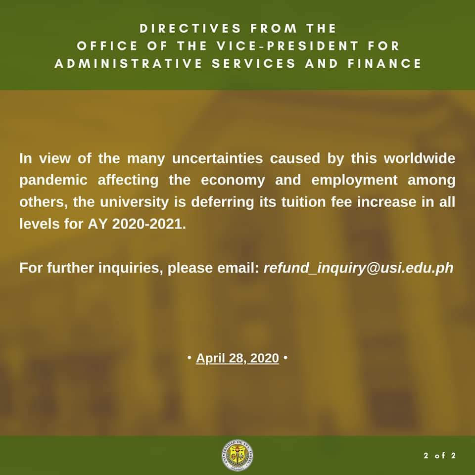 ___defnotianthe's tweet photo. JUST IN 🔰(ctto)

To all USI students,

Please read the attached Advisory from the Office of the VP for Administrative Services and Finance. 

Stay safe! 

Thank you. 💛💚 https://t.co/hmpOVaT5Ct
