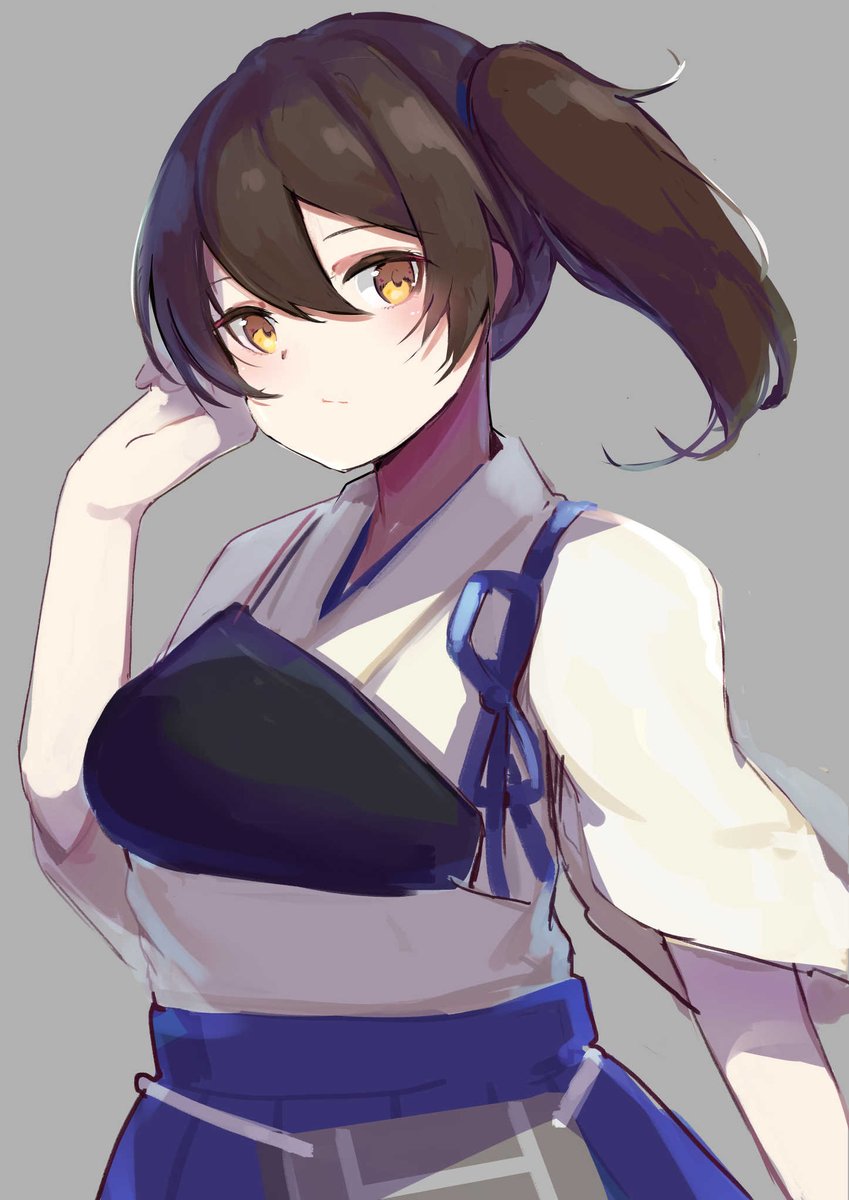 kaga (kancolle) 1girl solo japanese clothes side ponytail hakama grey background tasuki  illustration images