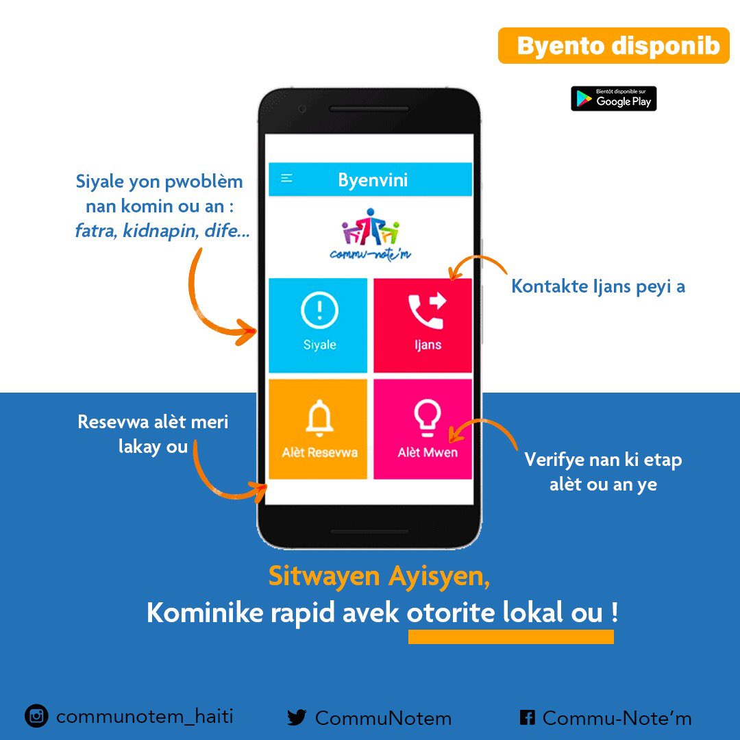 CommuNotem's tweet photo. 📱Byento, sitwayen Ayisyen ap kapap kominike ak otorite nan komin Lap viv la gras ak aplikasyon #Communotem
#RetBranche #communotem #eh2018 #teknoloji̇ #gouvernancelocale #gouvernancedeproximite #collectiviteterritoriale #kominote #sitwayen #ayiti #Haiti https://t.co/U0R3unNgLc